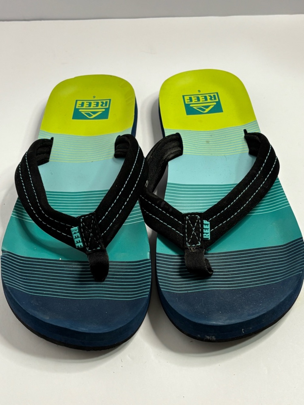 Reef Men’s Teal, Aqua & Lime Striped Flip Flops Sz 9 VGUC